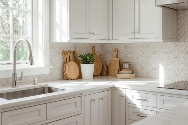 Beautifully refinished white kitchen cabinets