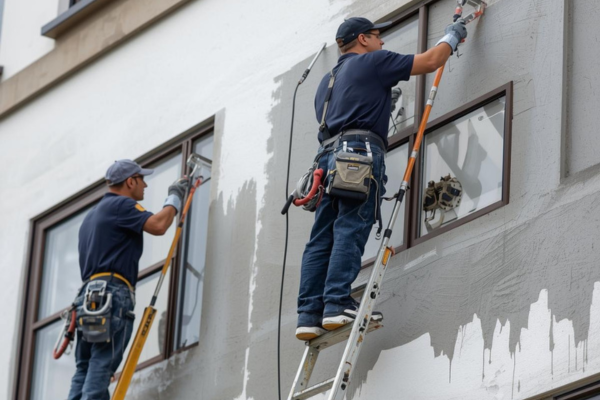 Professional exterior painter on ladder
